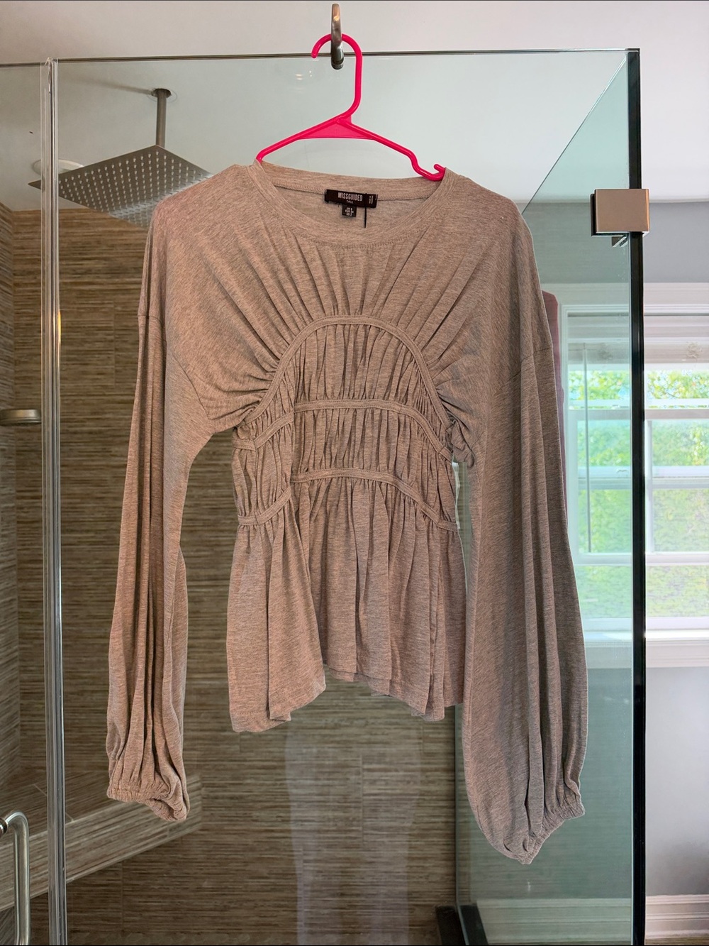 Missguided Light Gray Ruched Long-Sleeve Peplum Top